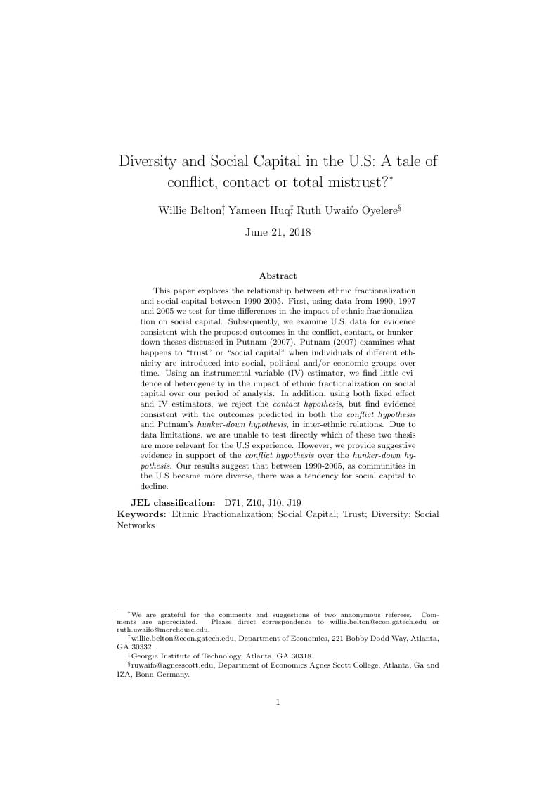 Diversity and Social Capital in the U.S: A tale of conflict, contact or total mistrust?