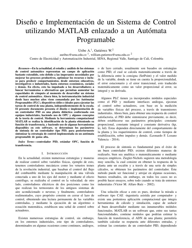 Diseño e Implementación de un Sistema de Control utilizando MATLAB enlazado a un Autómata Programable