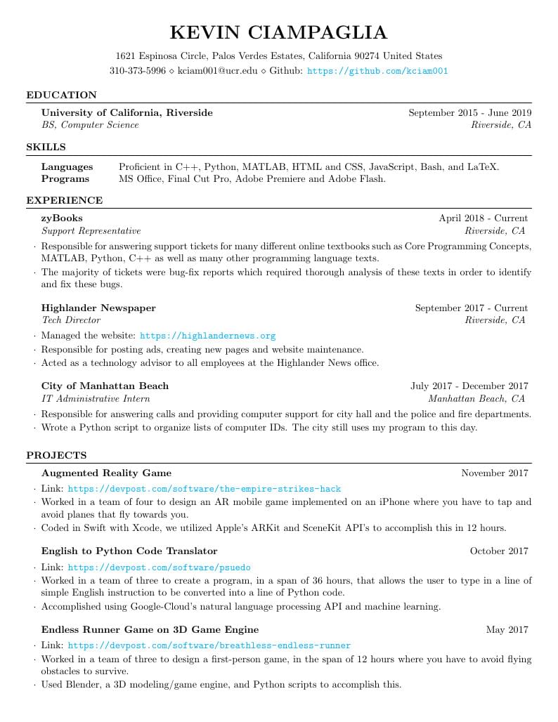Kevin Ciampaglia's Résumé