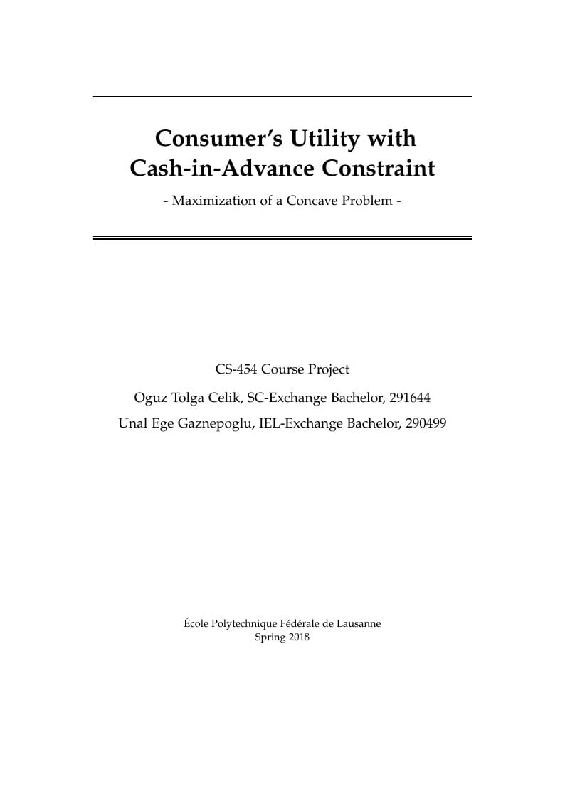 Consumer's Utility with Cash-in-Advance Constraint, Maximization of a Concave Problem