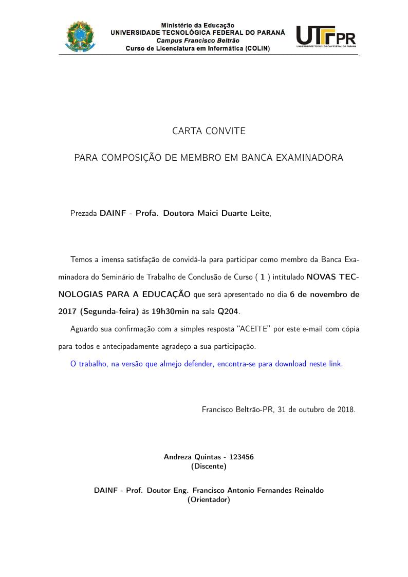 Carta Convite para Composição de Membro em Banca Examinadora