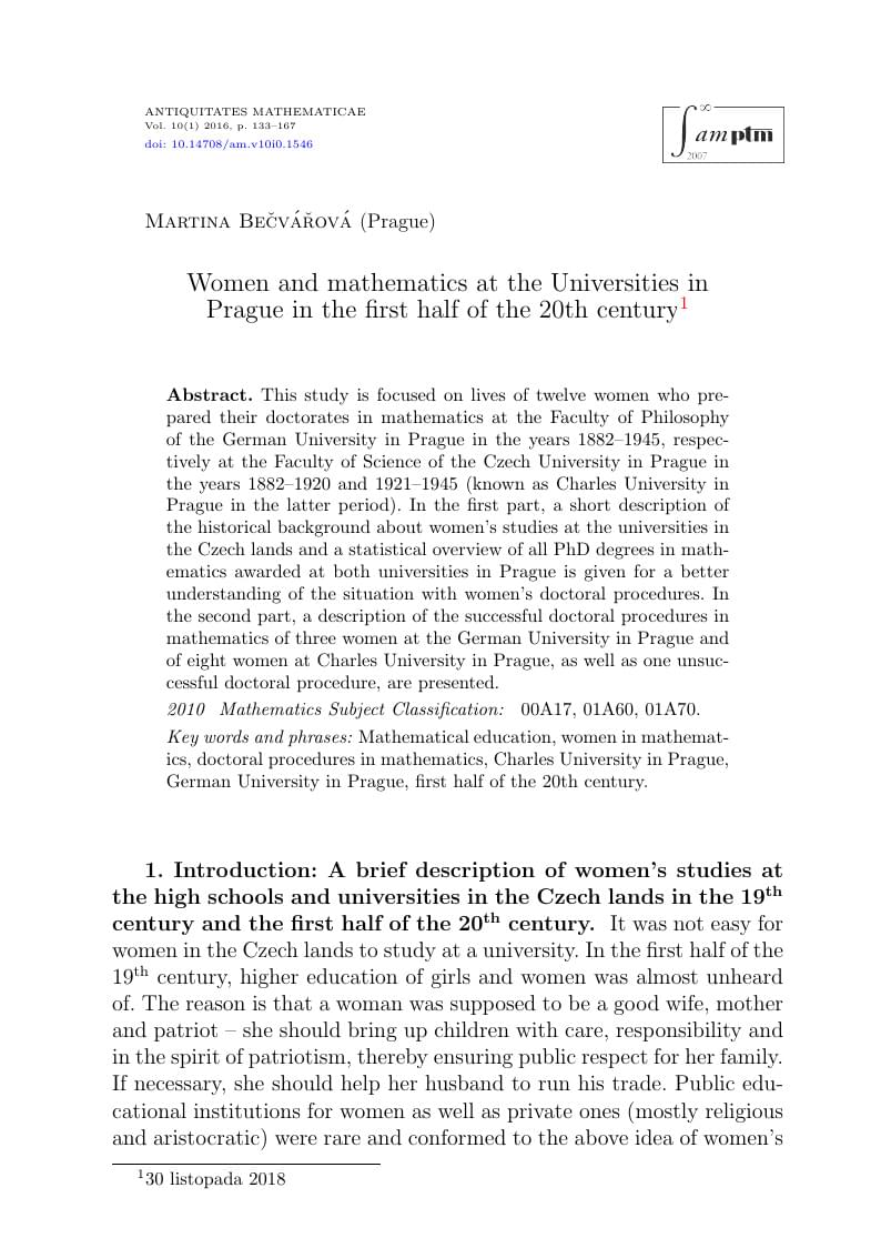 Women and mathematics at the Universities in Prague