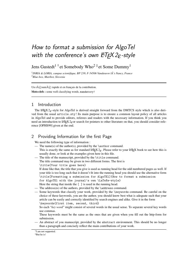 Formatting a submission for AlgoTel