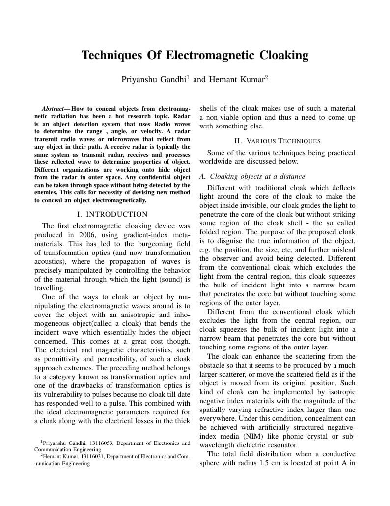 Techniques Of Electromagnetic Cloaking