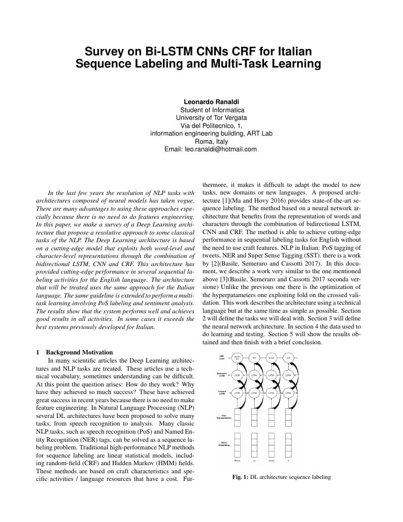 Survey on Bi-LSTM CNNs CRF for Italian Sequence Labeling and Multi-Task Learning