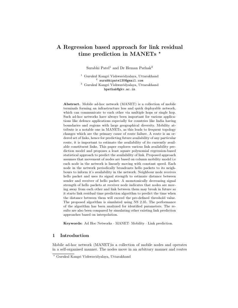A Regression based approach for link residual time prediction in MANETs