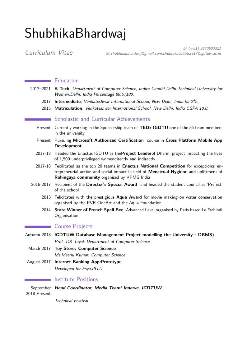 Shubhika Bhardwaj's CV