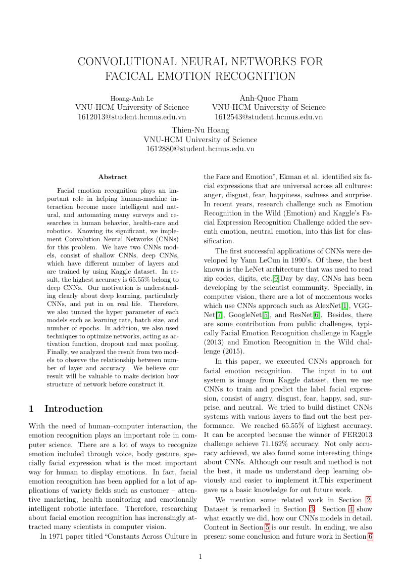 CONVOLUTIONAL NEURAL NETWORKS FOR FACICAL EMOTION RECOGNITION