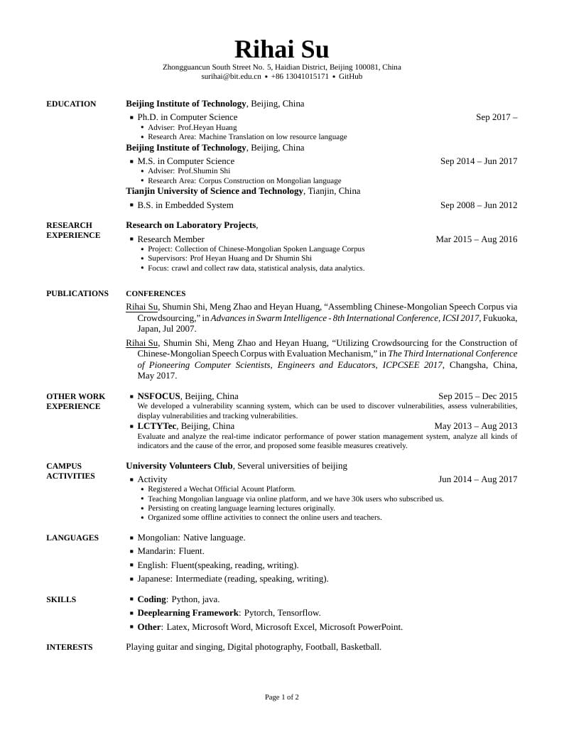 Rihai Su's CV