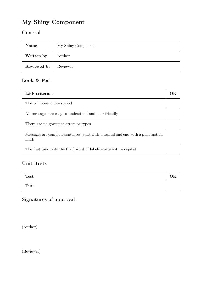 Software Component Approval Sheet