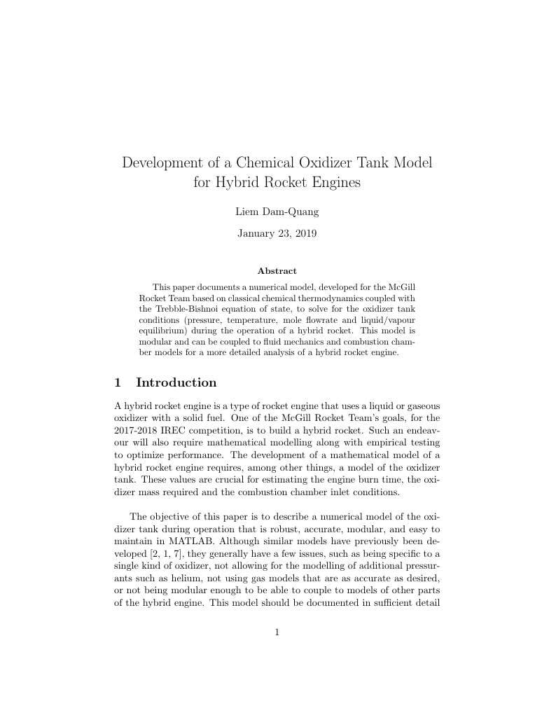 Development of a Chemical Oxidizer Tank Model for Hybrid Rocket Engines