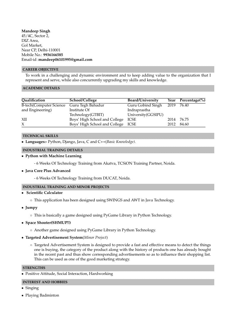 Mandeep Singh's Résumé
