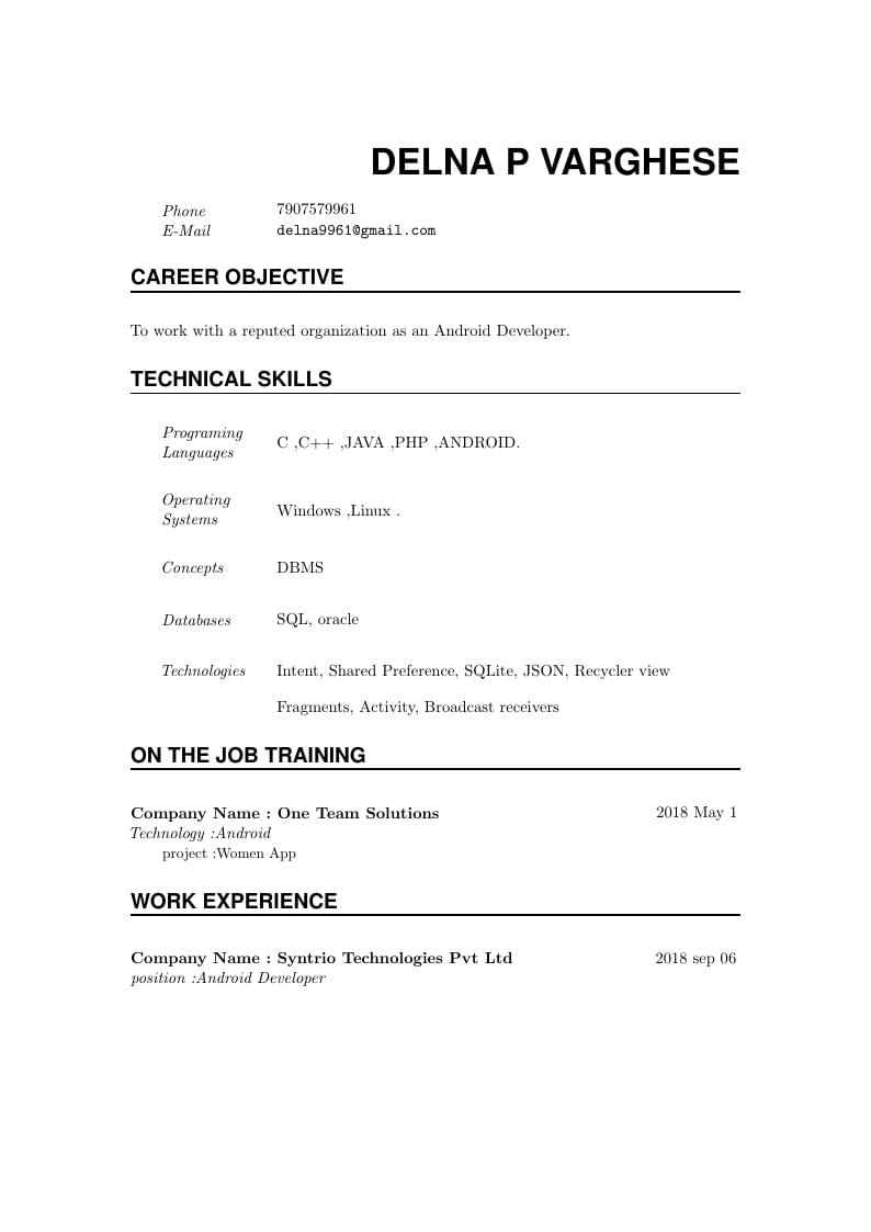 Delna P Varghese's Résumé