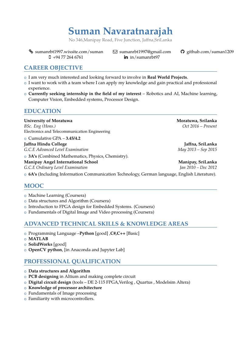 Suman Navaratnarajah's Résumé (Electronic Engineer)