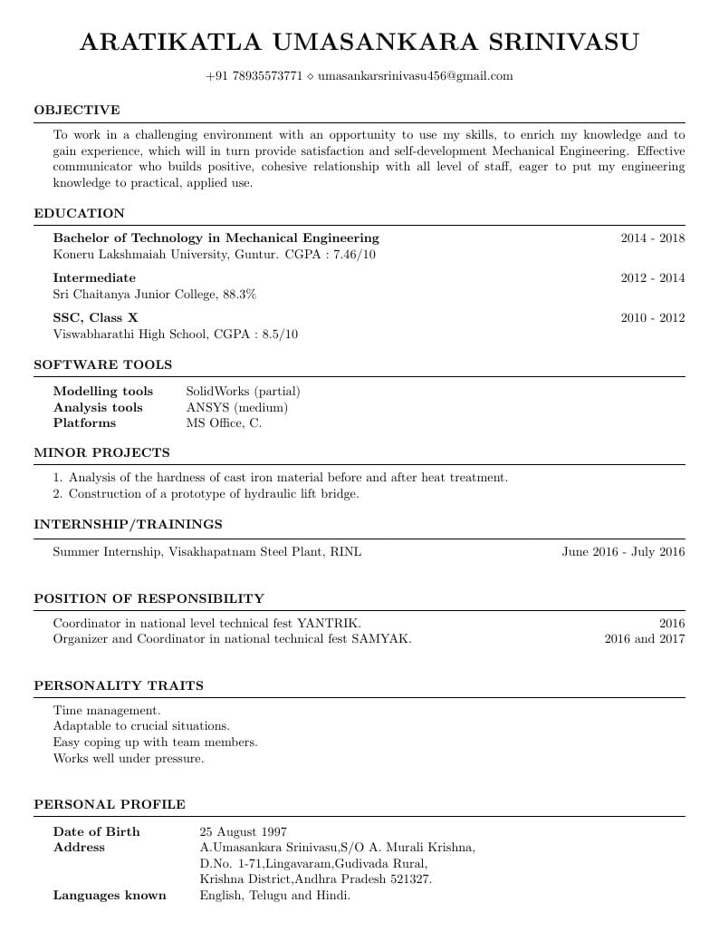 Aratikatla Umasankara Srinivasu's CV