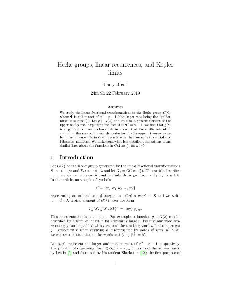 Hecke groups, linear recurrences and Kepler limits (update 2)