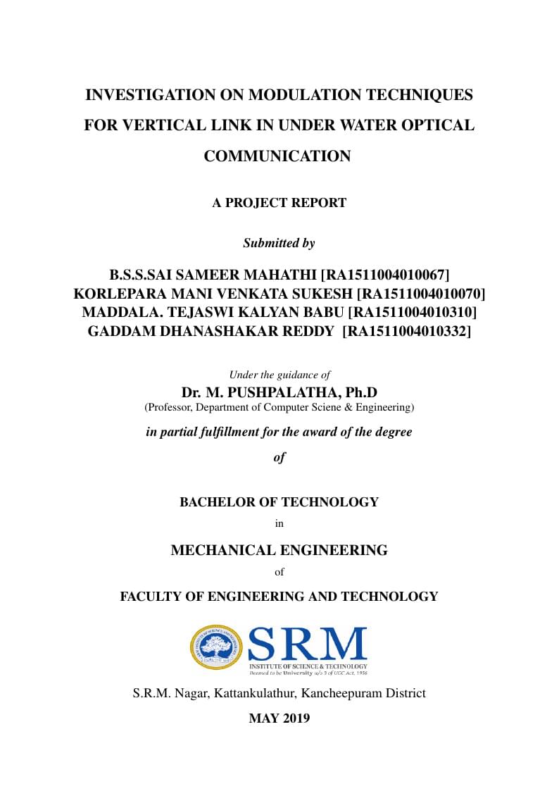 Report Template for Major Project for B.Tech, SRM Institute of Science and Technology