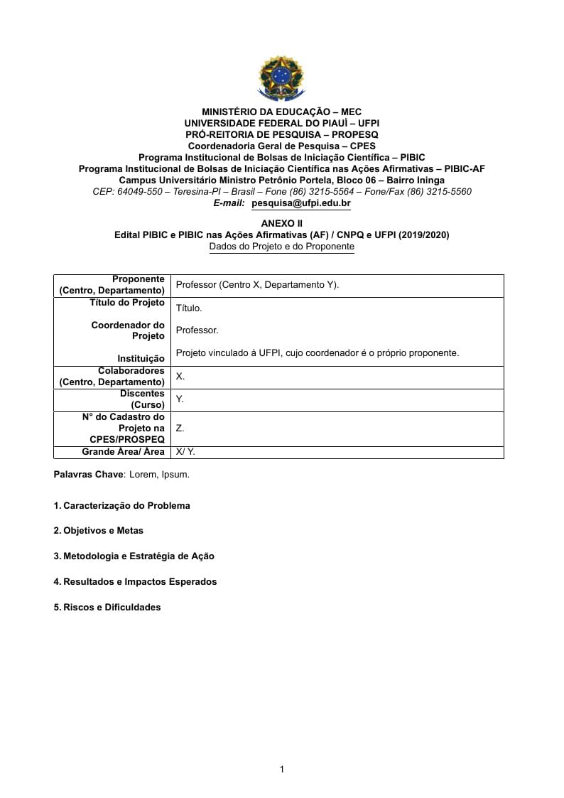 Modelo de Projeto PIBIC, UFPI