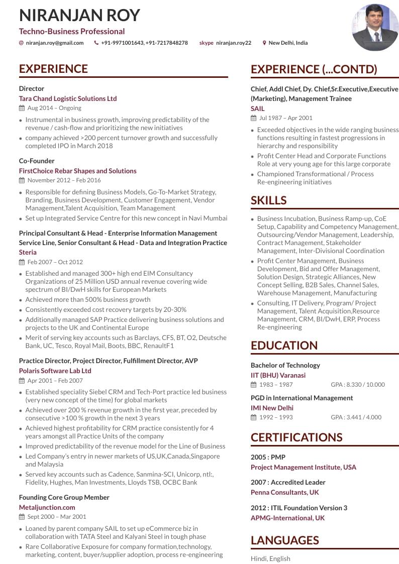Niranjan Roy's CV