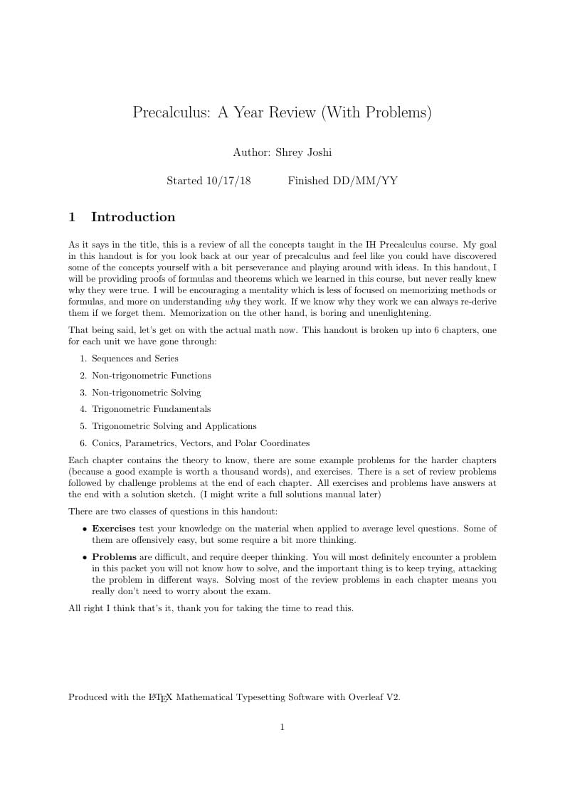 Precalculus: A Year Review (With Problems)