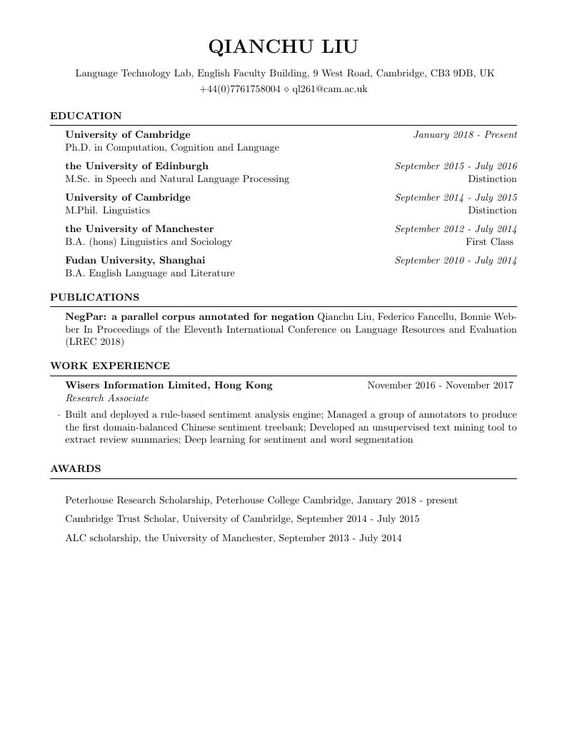 Qianchu Liu's CV