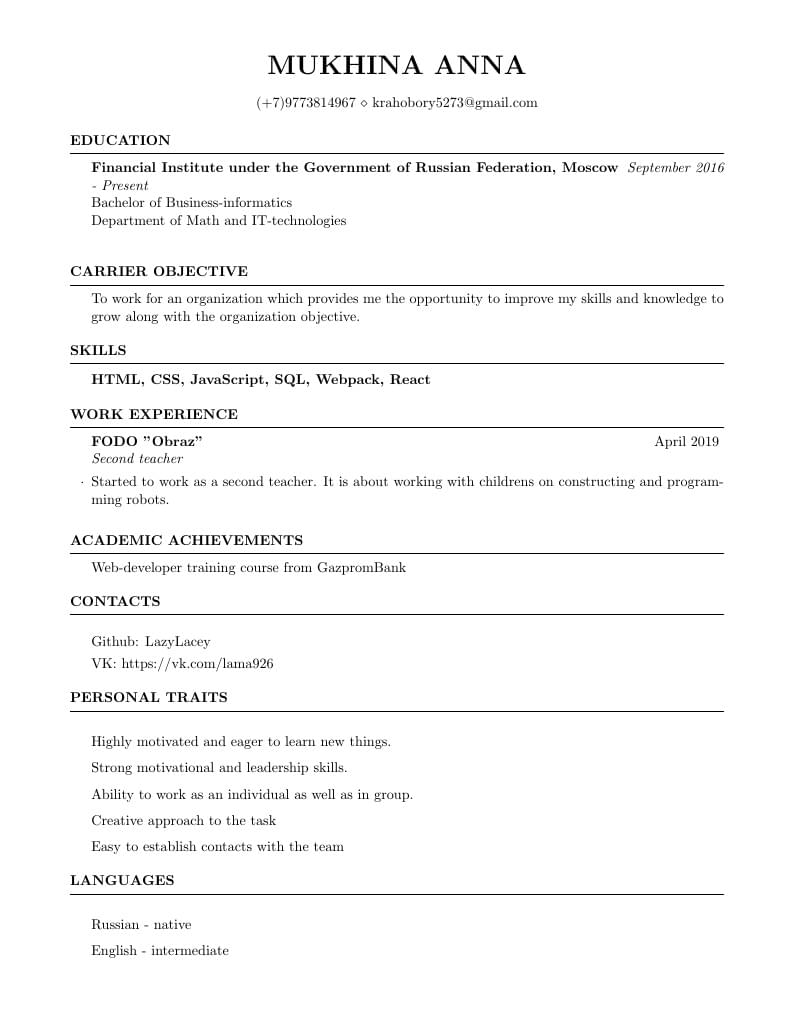 Mukhina Anna's Reéumé