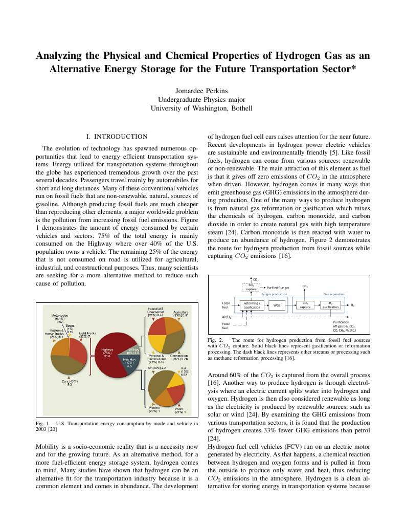 Analyzing the Physical and Chemical Properties of Hydrogen Gas as an Alternative Energy Storage for the Future Transportation Sector