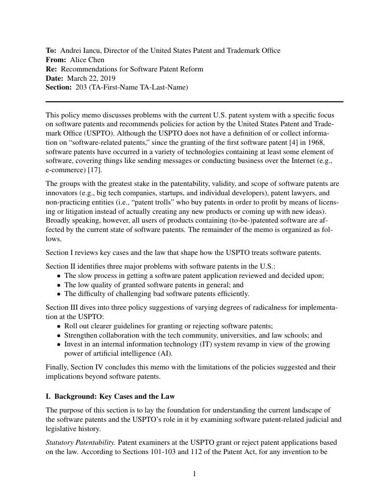 Sample Policy Memo for Cornell INFO 1200