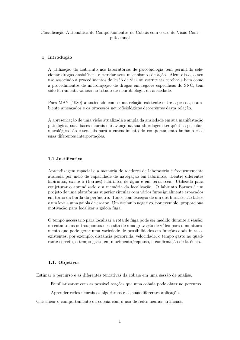 Classificação Automática de Comportamentos de Cobaias com o uso de Visão Computacional