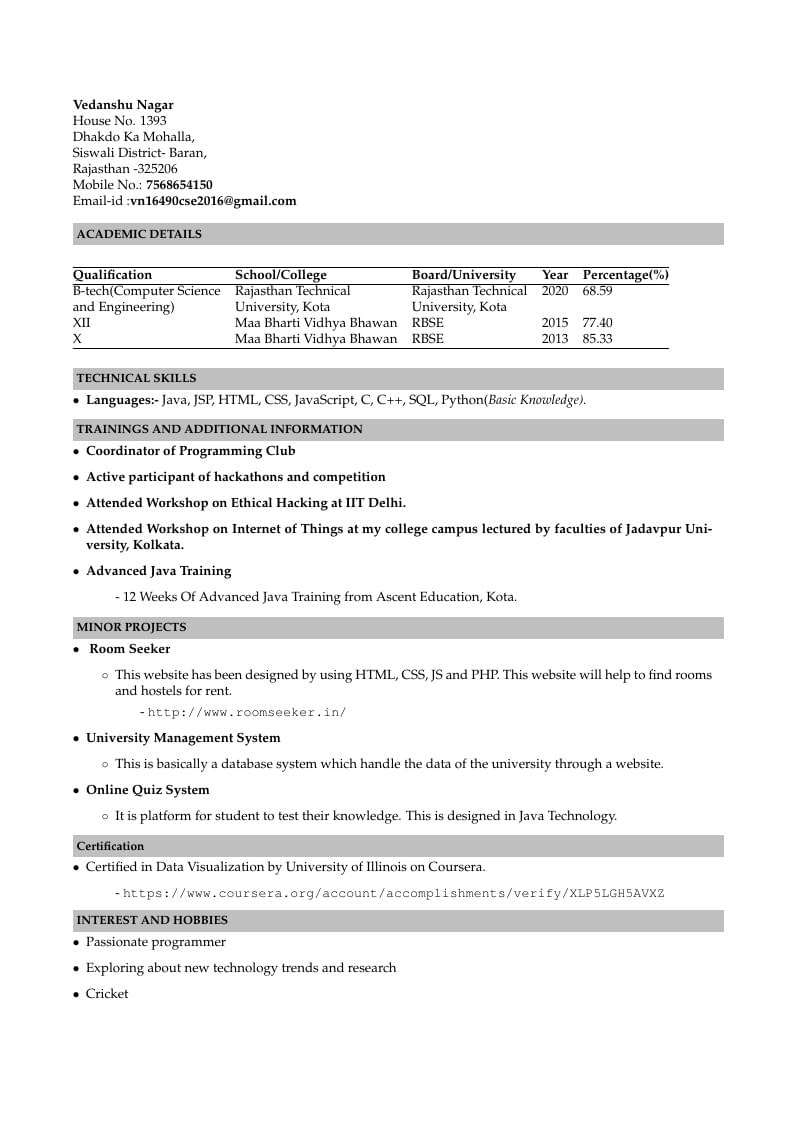 Vedanshu Nagar's Résumé