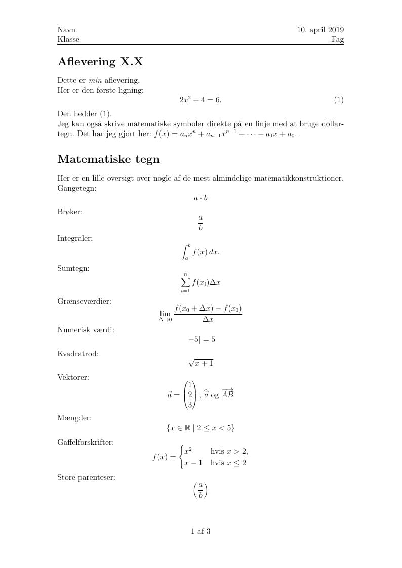 Skabelon til almindelige afleveringer