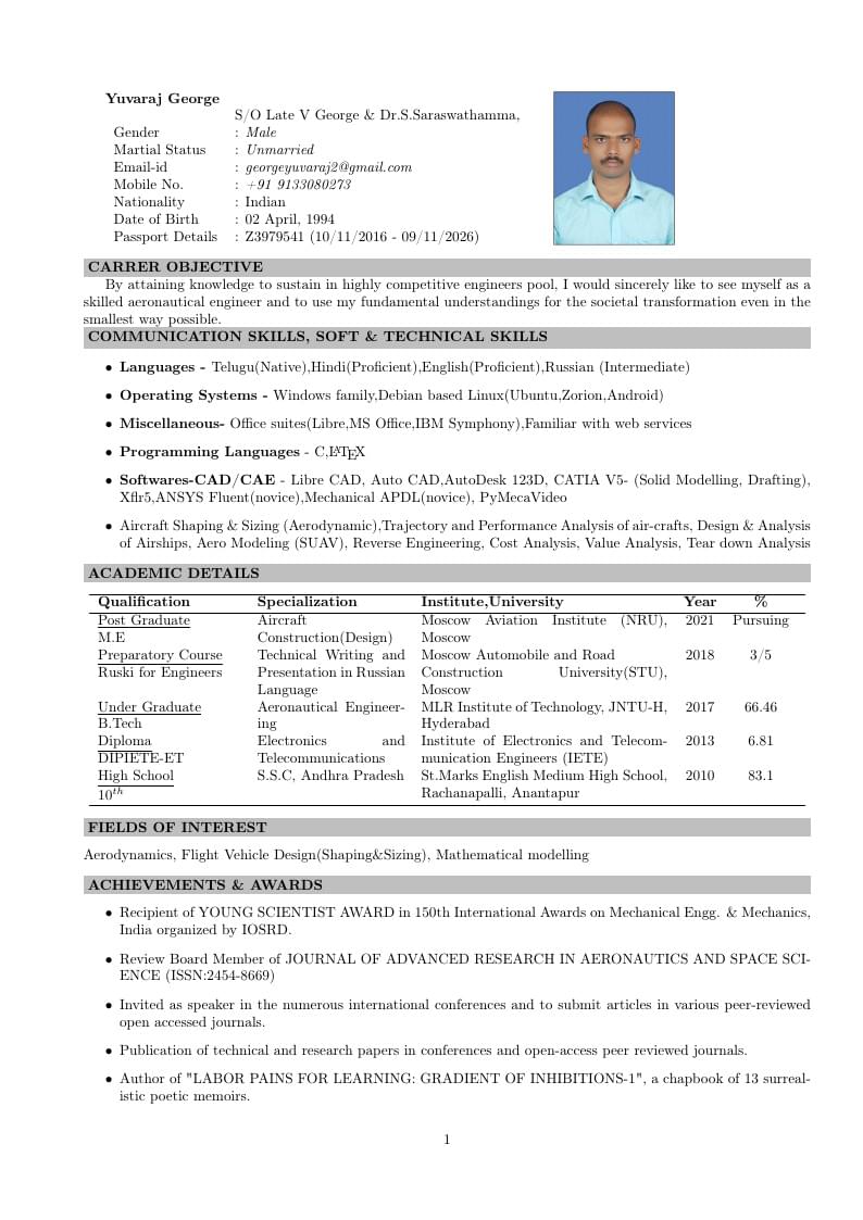 Yuvaraj George's CV and List of Publications